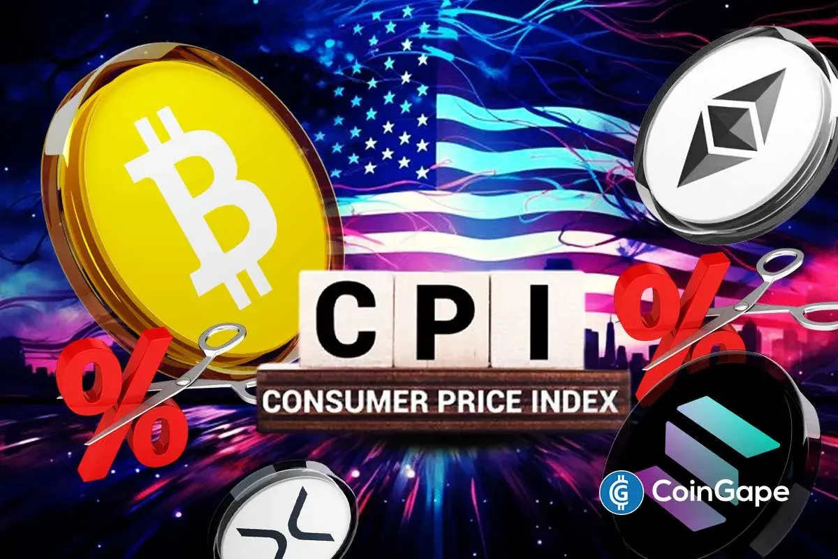 Moedas de Bitcoin ao lado de painel com sigla CPI e bandeira dos EUA ao fundo.