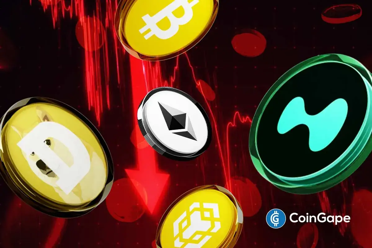 Moedas de Bitcoin, Ethereum, Dogecoin, BNB e Hyperliquid caindo sobre fundo vermelho com gráfico em baixa e logo da CoinGape.