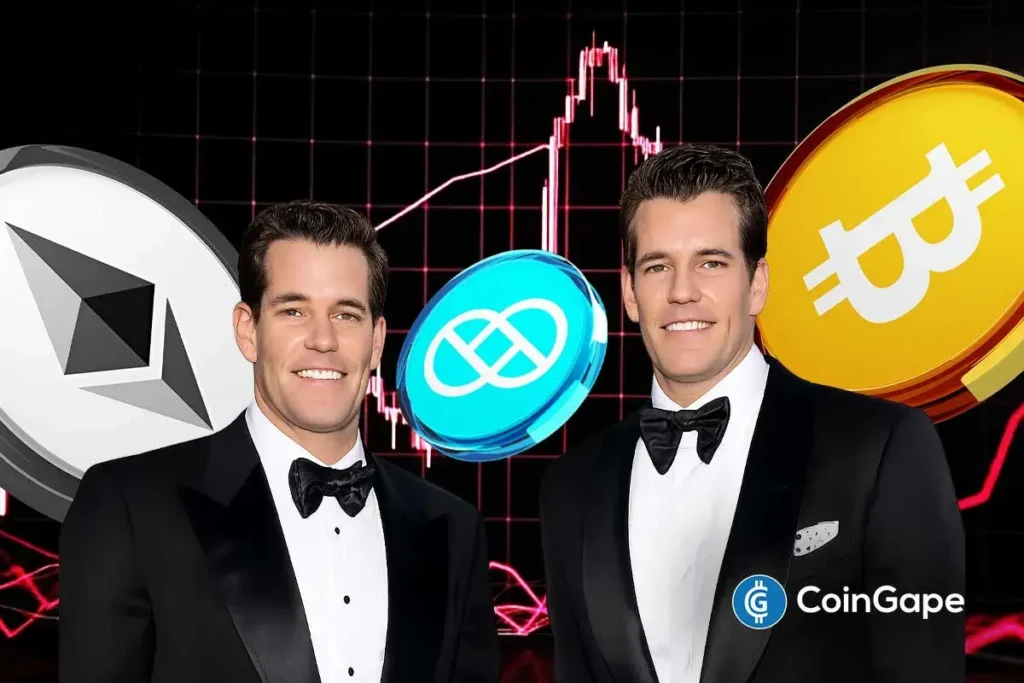 Cameron e Tyler Winklevoss ao lado dos logotipos de bitcoin, ethereum e Gemini.