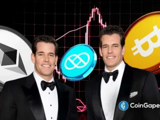 Cameron e Tyler Winklevoss ao lado dos logotipos de bitcoin, ethereum e Gemini.