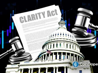 Documento do CLARITY Act ao lado de martelos de juiz e do Capitólio dos Estados Unidos.