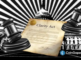 Ilustração do Clarity Act com martelos de juiz e o Capitólio dos EUA ao fundo.
