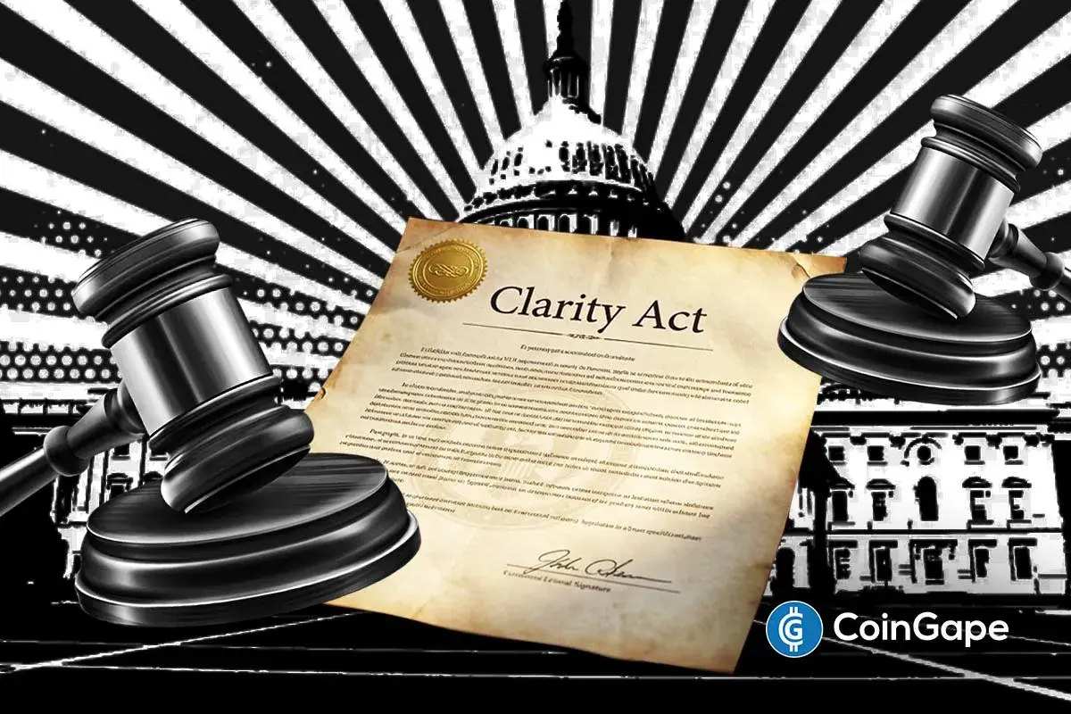 Ilustração do Clarity Act com martelos de juiz e o Capitólio dos EUA ao fundo.