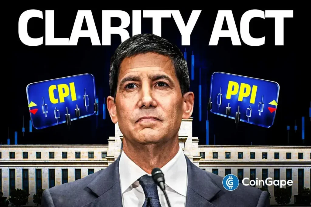 Ilustração com o texto CLARITY Act e os indicadores CPI e PPI ao lado do rosto de um homem em frente ao prédio do Federal Reserve.