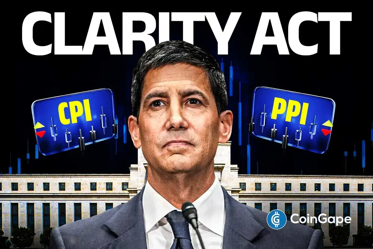 Ilustração com o texto CLARITY Act e os indicadores CPI e PPI ao lado do rosto de um homem em frente ao prédio do Federal Reserve.