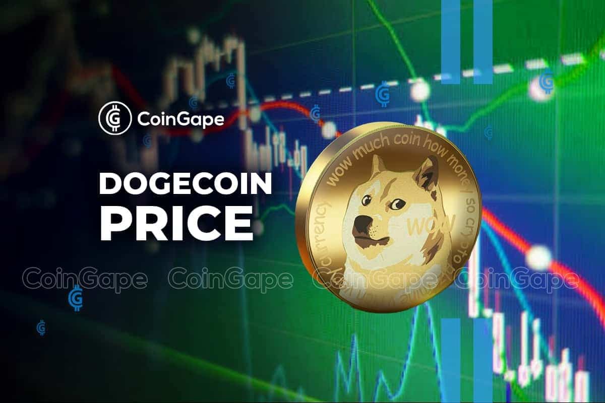 Moeda de Dogecoin sobre gráfico de candles com logo da CoinGape.