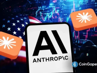 Logotipo da Anthropic sobre celular, com bandeira dos EUA e gráficos de mercado ao fundo.