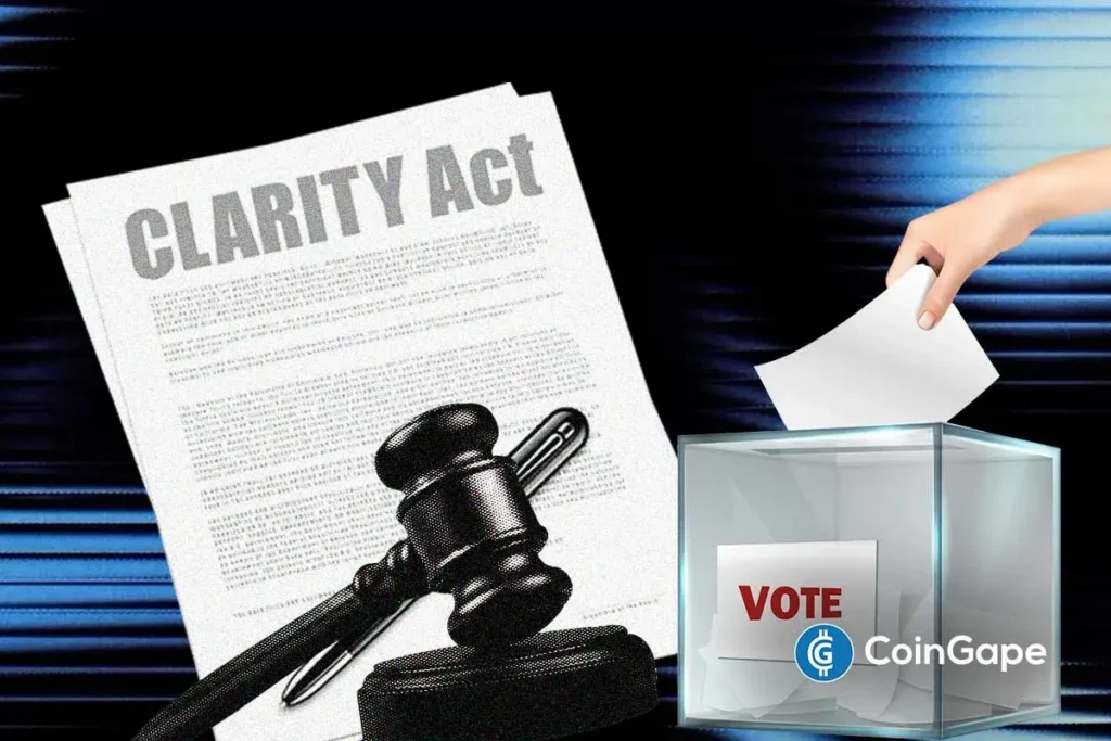 Documento impresso com o título "CLARITY Act" apoiado por um martelo de juiz, ao lado de uma urna transparente recebendo um voto, com o logo do CoinGape.