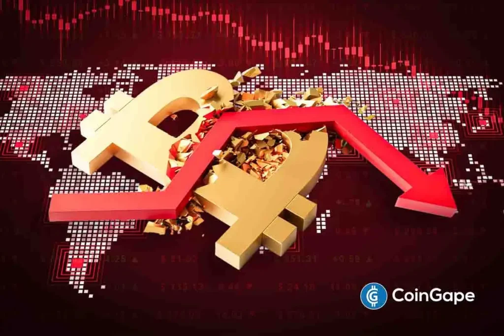 Símbolos de Bitcoin e Ethereum quebrados sobre mapa-múndi com seta vermelha em queda, representando desvalorização do mercado cripto.