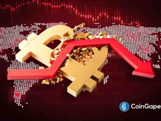 Símbolos de Bitcoin e Ethereum quebrados sobre mapa-múndi com seta vermelha em queda, representando desvalorização do mercado cripto.