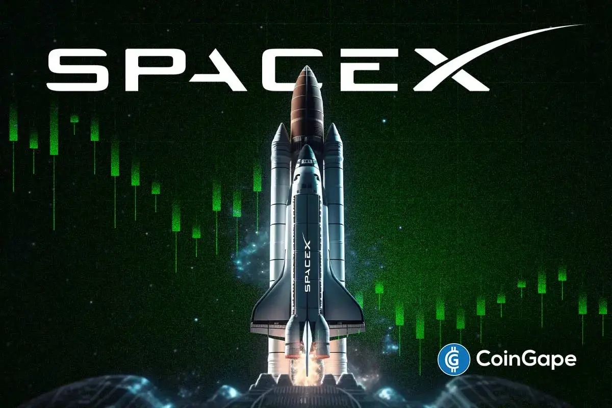 Ilustração de foguete da SpaceX subindo diante de candles verdes de alta