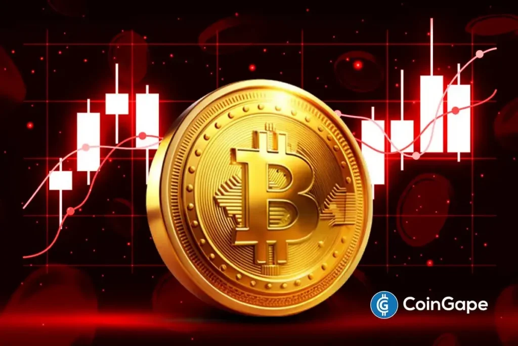 Moeda dourada de Bitcoin sobre gráfico de candles vermelhos representando queda no mercado cripto.