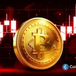 Moeda dourada de Bitcoin sobre gráfico de candles vermelhos representando queda no mercado cripto.