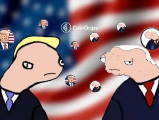Ilustração de Trump e Biden em estilo cartoon com memecoins ao fundo e bandeira dos EUA.