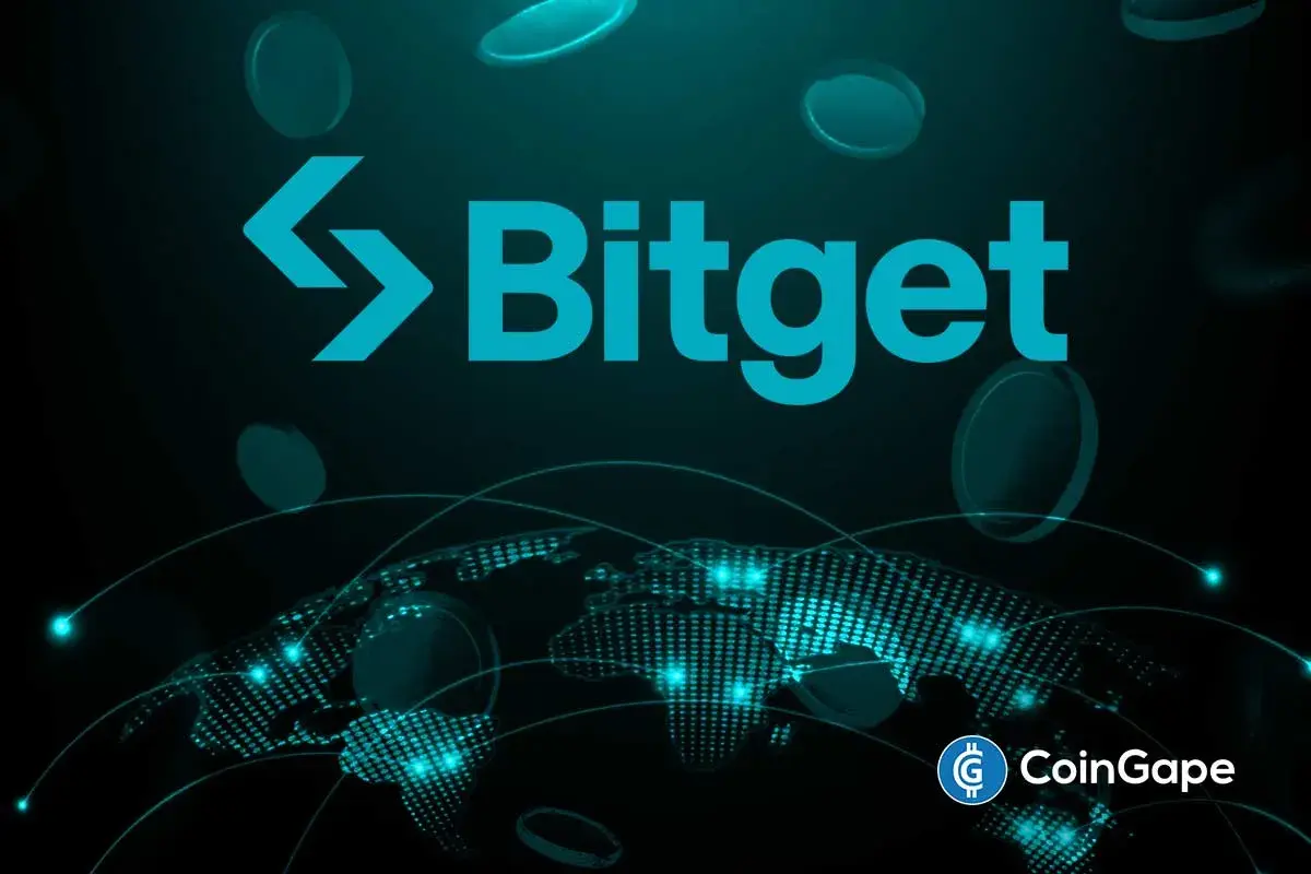 Logotipo da Bitget em fundo escuro com moedas flutuantes e mapa-múndi digital.