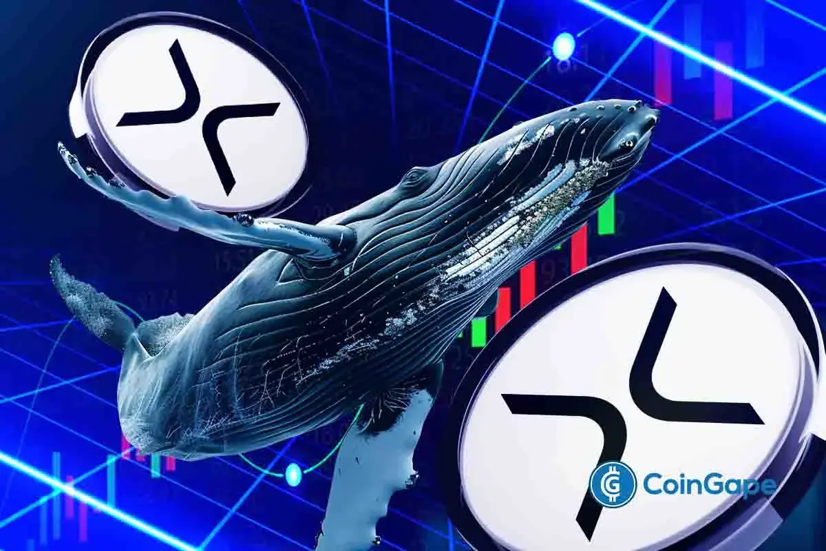 Ilustração de baleia digital com o símbolo do XRP e gráfico de candles ao fundo, logo da CoinGape.