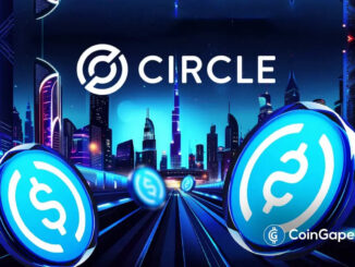 Logotipo da Circle sobre paisagem urbana futurista, com duas moedas azuis da USDC em primeiro plano.