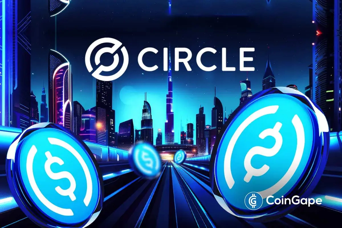 Logotipo da Circle sobre paisagem urbana futurista, com duas moedas azuis da USDC em primeiro plano.