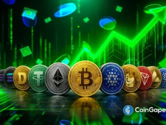 Moedas de Bitcoin, Ethereum e outras criptomoedas com gráfico de alta ao fundo