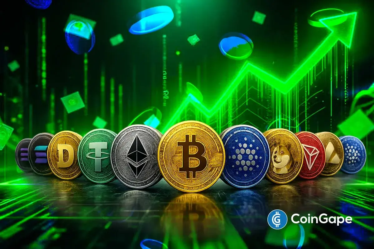 Moedas de Bitcoin, Ethereum e outras criptomoedas com gráfico de alta ao fundo