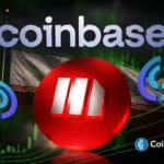 Logotipo da Coinbase sobre bandeira do Irã, com moeda vermelha ao centro, símbolos da Circle e gráfico de candles ao fundo.