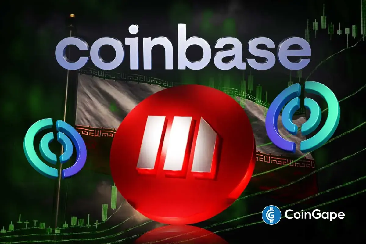 Logotipo da Coinbase sobre bandeira do Irã, com moeda vermelha ao centro, símbolos da Circle e gráfico de candles ao fundo.