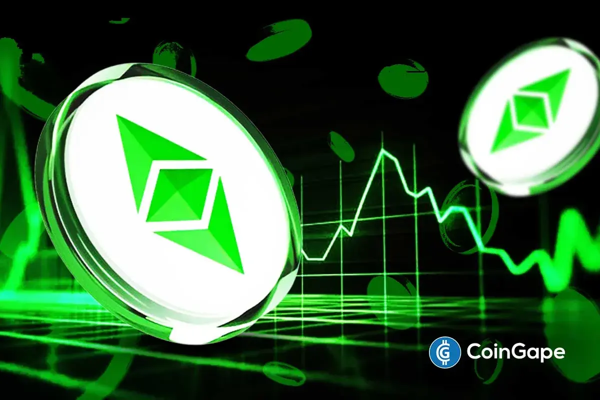 Moedas de Ethereum com gráfico de tendência de alta ao fundo.