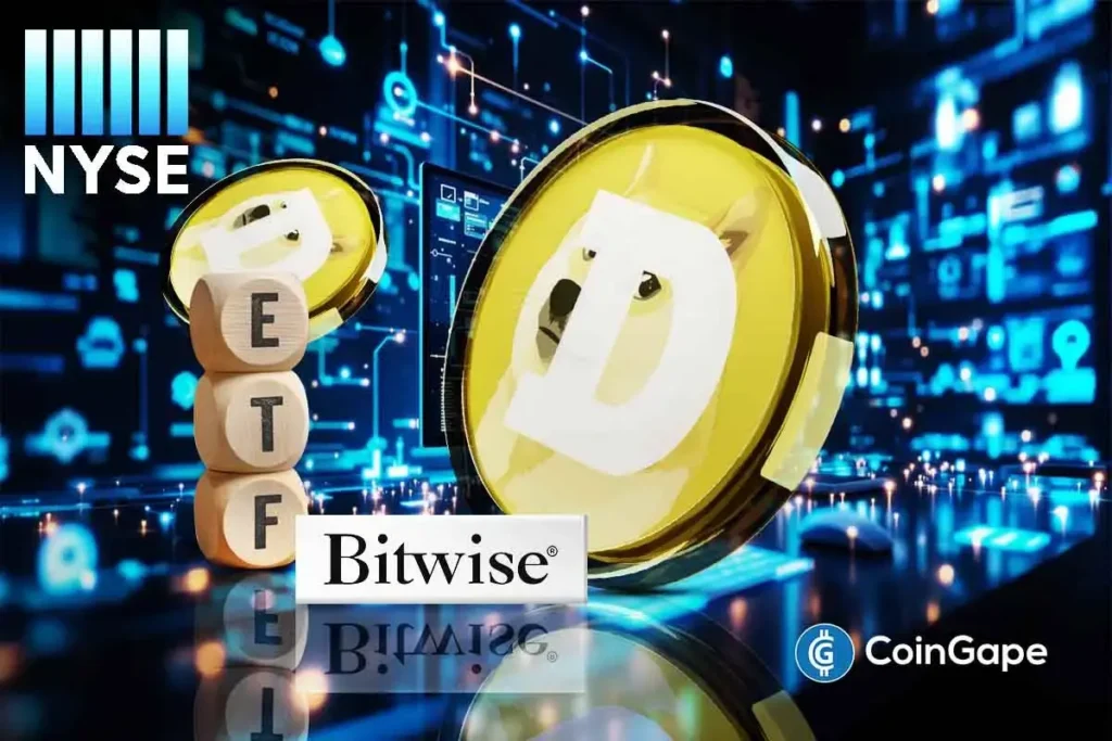 Dados NYSE, blocos escrevendo ETF, moeda de Dogecoin e logo da Bitwise.