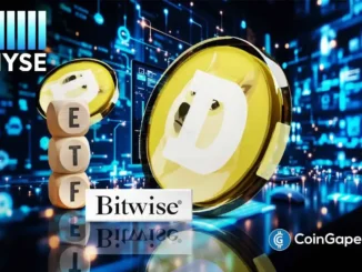 Dados NYSE, blocos escrevendo ETF, moeda de Dogecoin e logo da Bitwise.