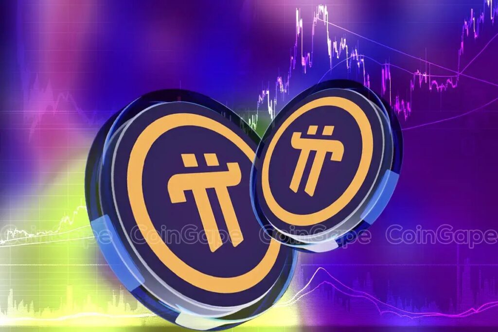 Moedas do Pi Network sobre gráfico de candles roxo e verde.