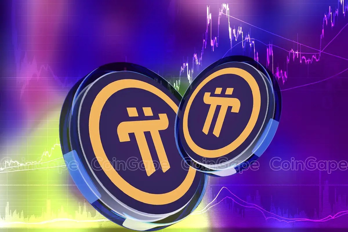 Moedas do Pi Network sobre gráfico de candles roxo e verde.