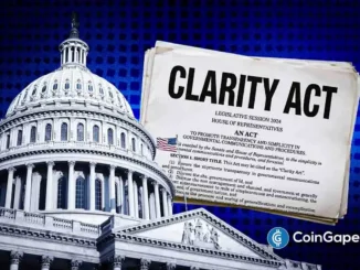 Cúpula do Capitólio dos Estados Unidos ao lado de um documento simbolizando o CLARITY Act.