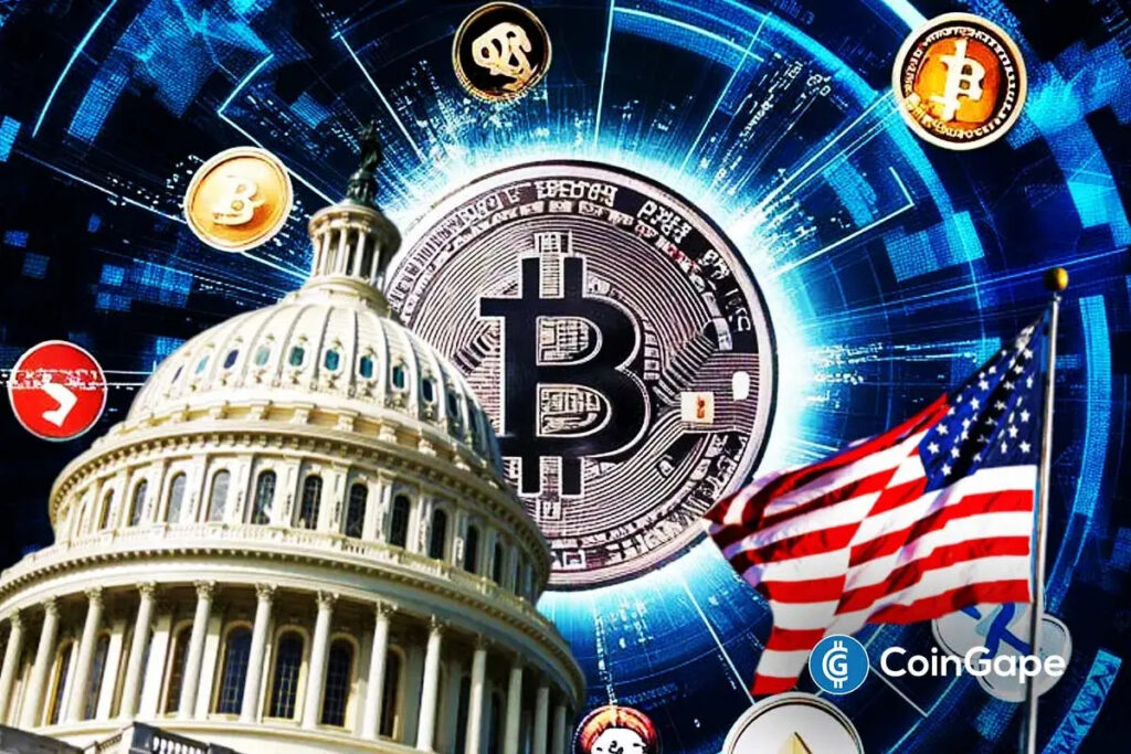 Cúpula do Capitólio dos EUA com moedas de Bitcoin e bandeira americana ao fundo