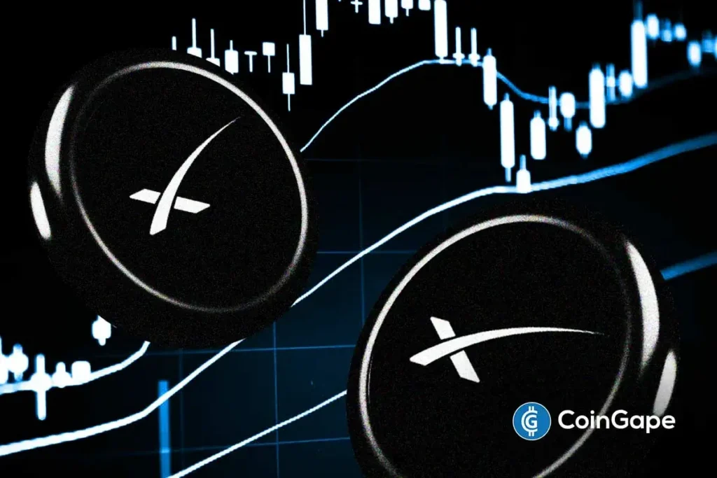 Moedas com o símbolo do X ao lado de gráfico de candles representando a ação SPCX da SpaceX.