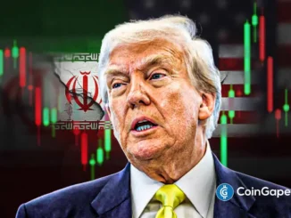 Donald Trump ao lado de dois símbolos de dólar dourados e um gráfico de candles com bandeiras dos EUA e do Irã.
