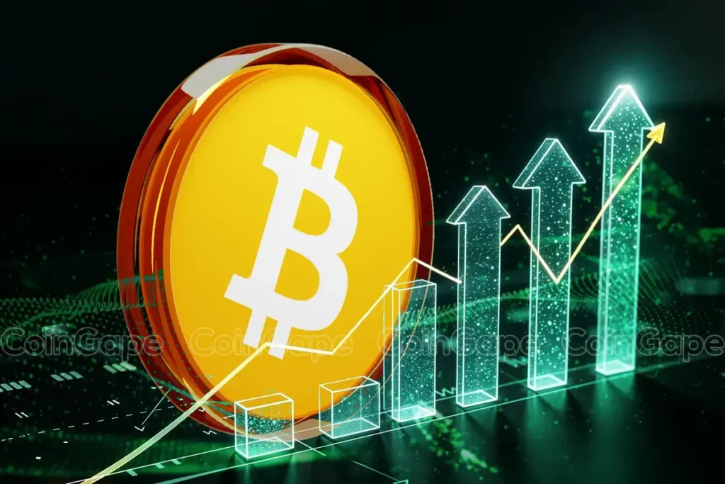 Moeda de Bitcoin dourada com setas de crescimento em fundo verde escuro.
