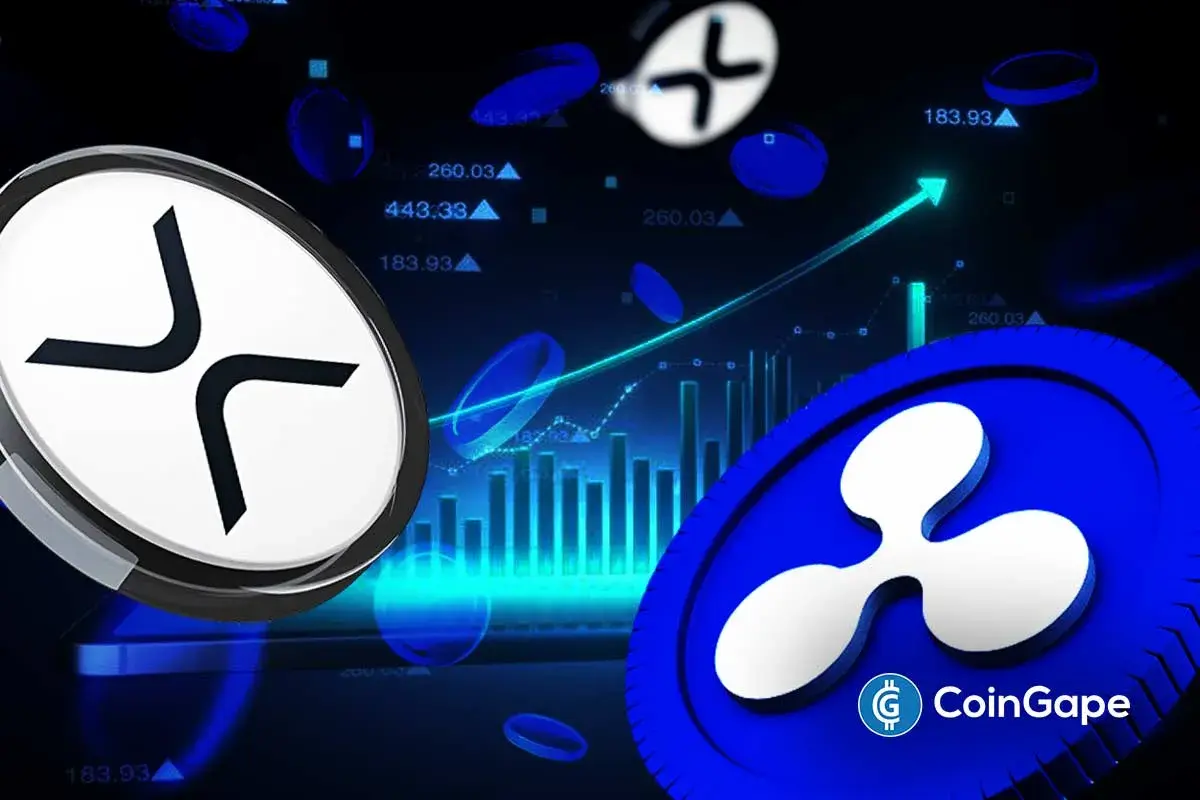 Moedas de XRP e Ripple com gráfico de alta ao fundo.