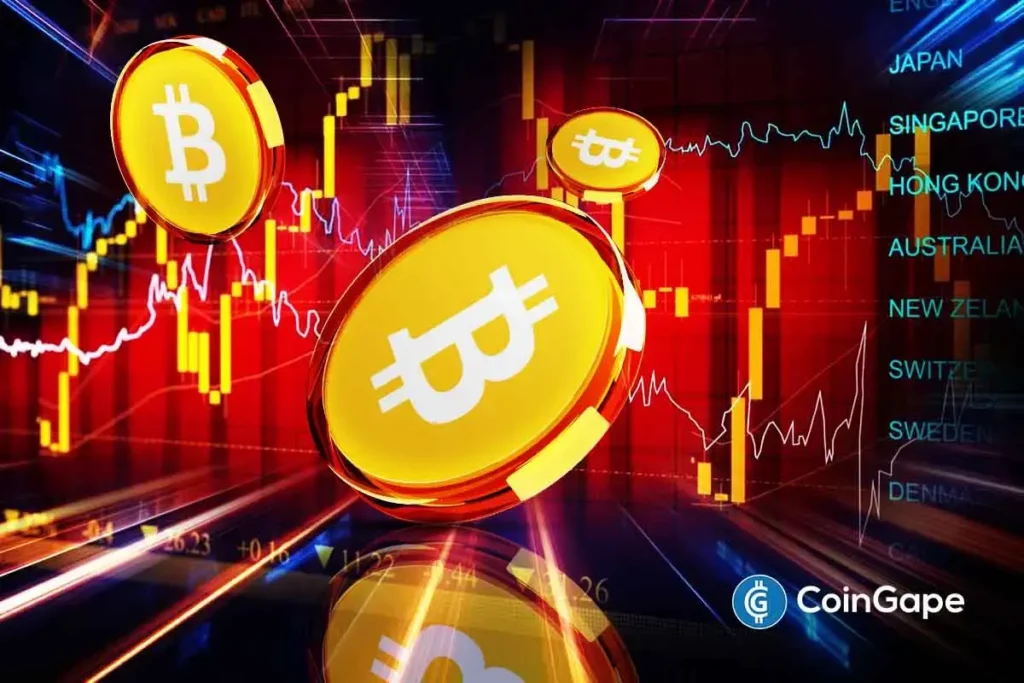 Moedas de bitcoin douradas sobre fundo com gráfico de candles e nomes de países.