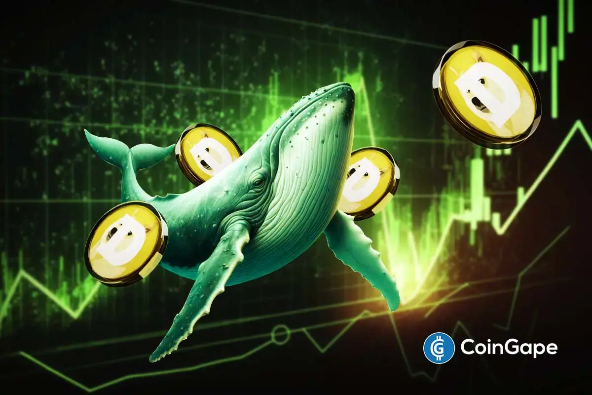 Ilustração de uma baleia cercada por moedas de Dogecoin (DOGE) com gráfico de candles em alta ao fundo.