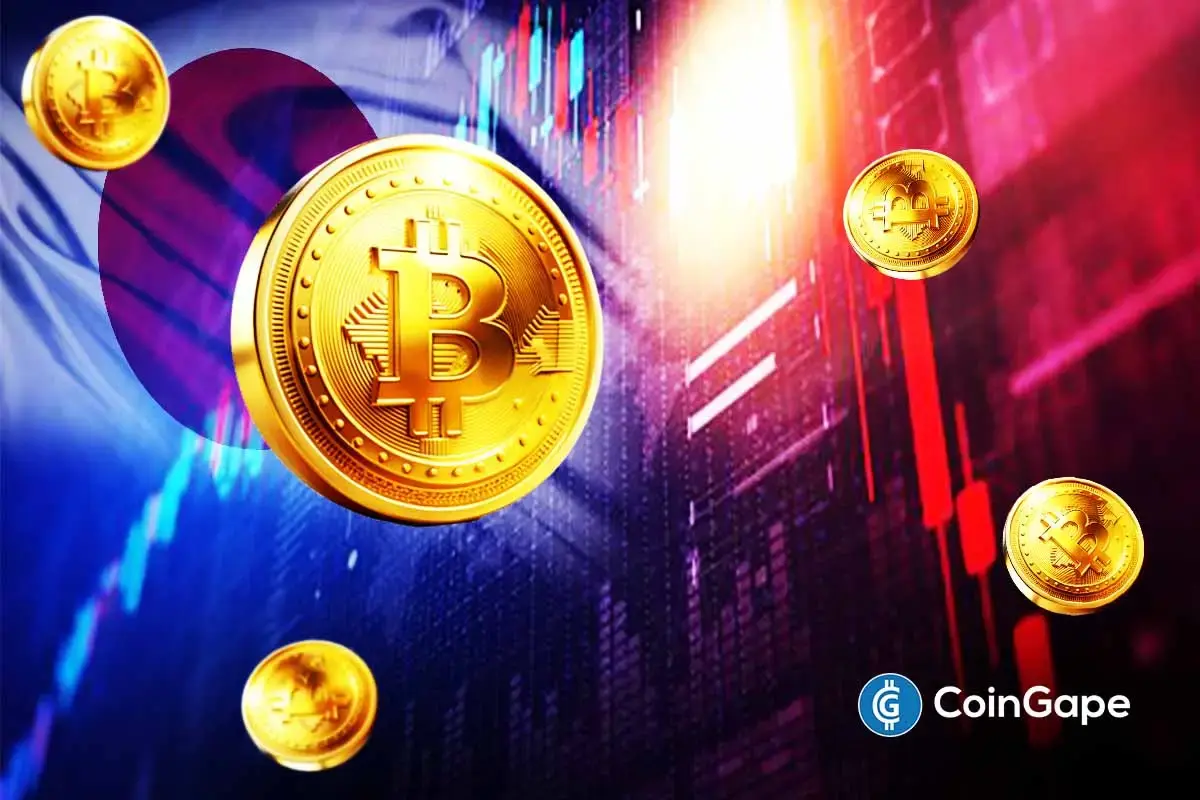 Moedas de Bitcoin sobre gráfico de candles vermelho, indicando queda no mercado.